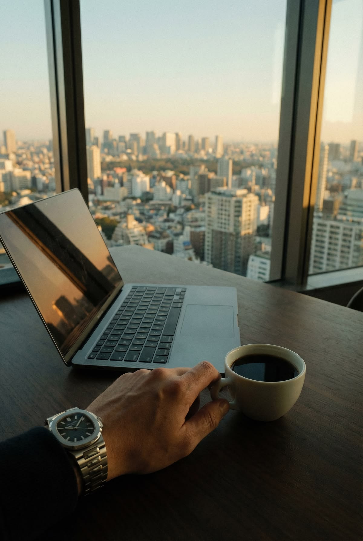 Laptop and coffee overlooking a city from a high-rise workspace